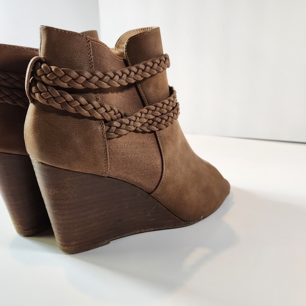 CATO Women's 11W Brown Peep Toe Side Zip Wedge Ankle Booties Brown - Picture 9 of 12